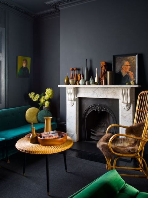 Dark grey living room with coloured accents